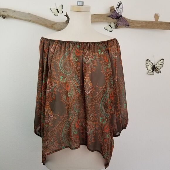 Bobeau elastic off the shoulder boho paisley top - Picture 6 of 6